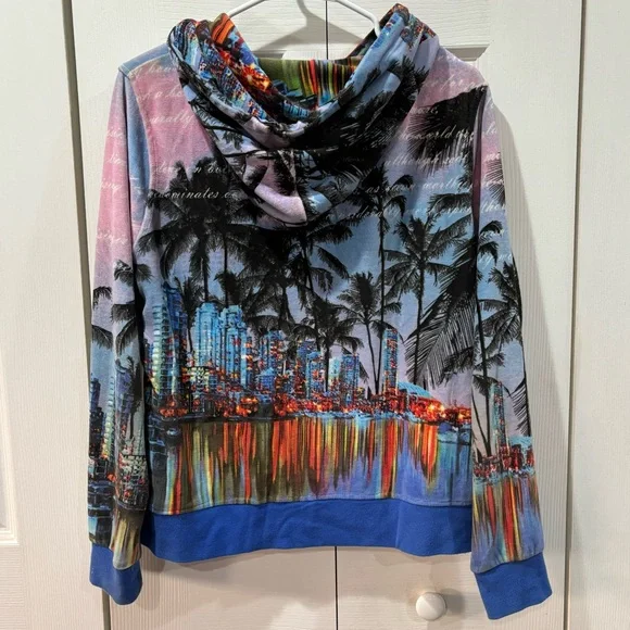 FRENCH POSTCARDS Women’s Handcrafted Miami Scene Velvet Zip Up Sweatshirt size M - Picture 5 of 6